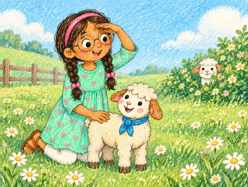 Ada and her lamb Snowy looking for a lost sheep in a sunny meadow